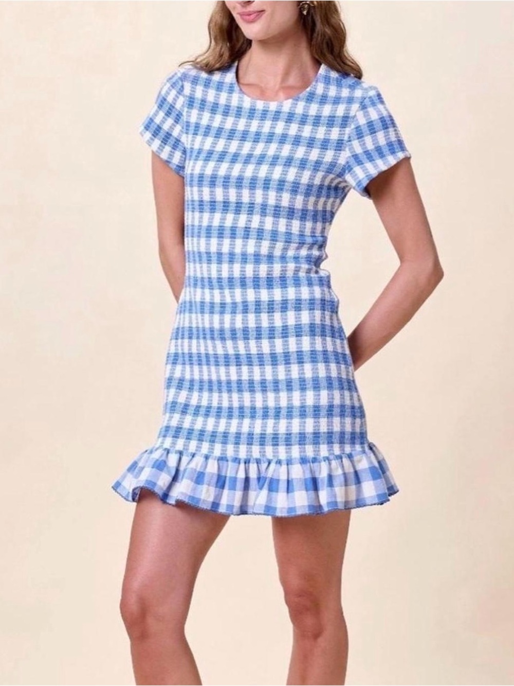 NWT Blue and White Gingham Short Sleeve Ruffle Hem Dress